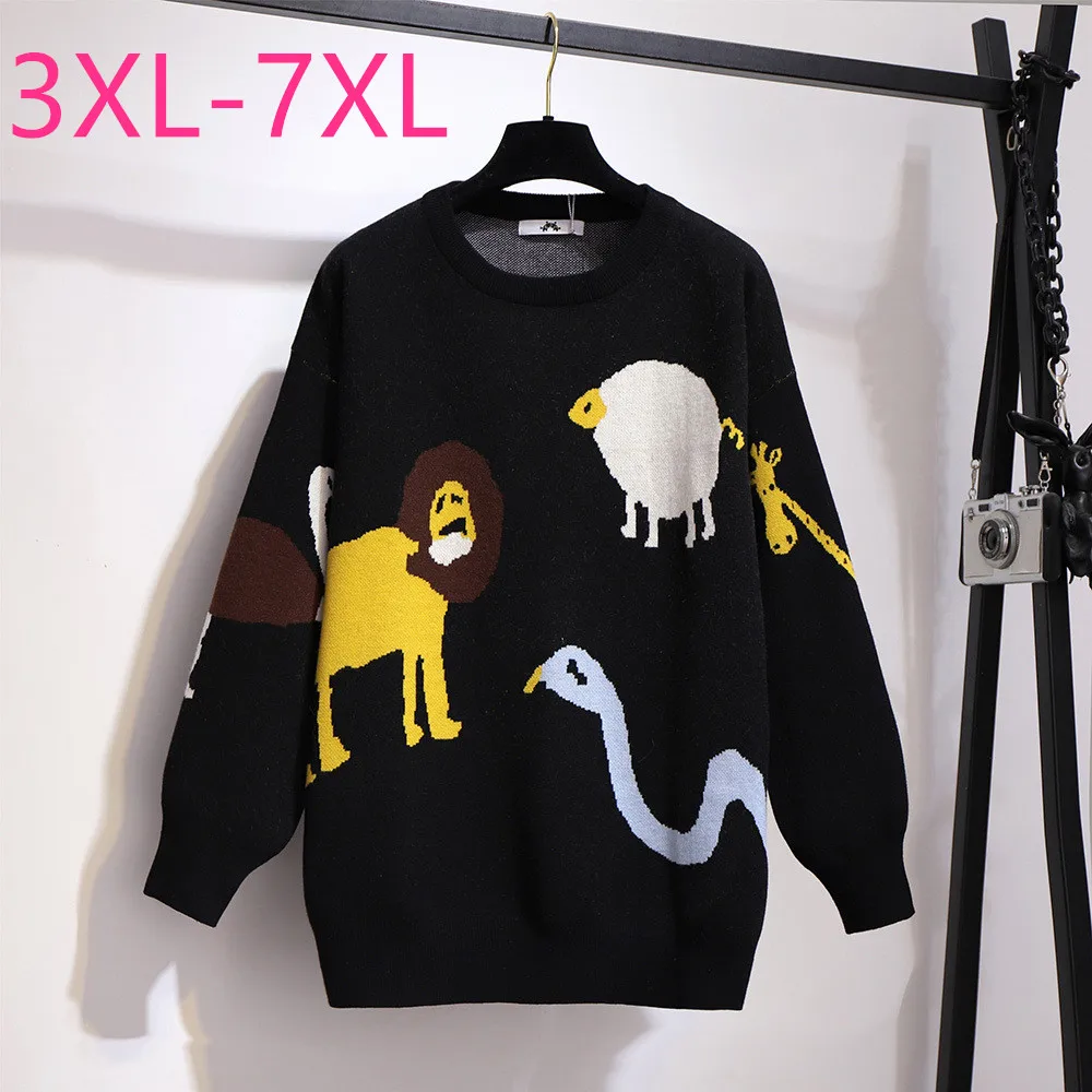 

2021 Autumn Winter Plus Size Knit Tops For Women Large Long Sleeve Loose Black Cartoon O-neck Pullover Sweater 4XL 5XL 6XL 7XL
