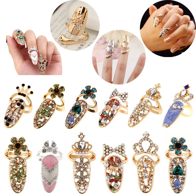 2pcs Women Fashion Bowknot   Nail Ring Nail Art Decoration Charm Crown Flower Crystal Finger Nail Rings Nail DIY