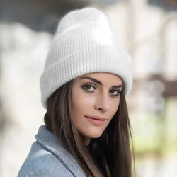 2022 simple Rabbit fur Beanie Hat for Women Girl Winter Skullies Warm wool Cap Gorros Female Cap