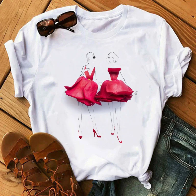 Modne kwiaty czerwona róża spódnica T-shirt z nadrukiem kobiety T Shirt Femme szorty Harajuku rękawy koszula letnie topy Tshirt
