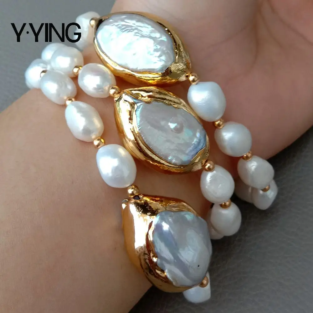 

Y.YING 8'' 3 Rows Cultured White Baroque freshwater Pearl White Keshi Pearl Bracelet for handmade classic wedding for women