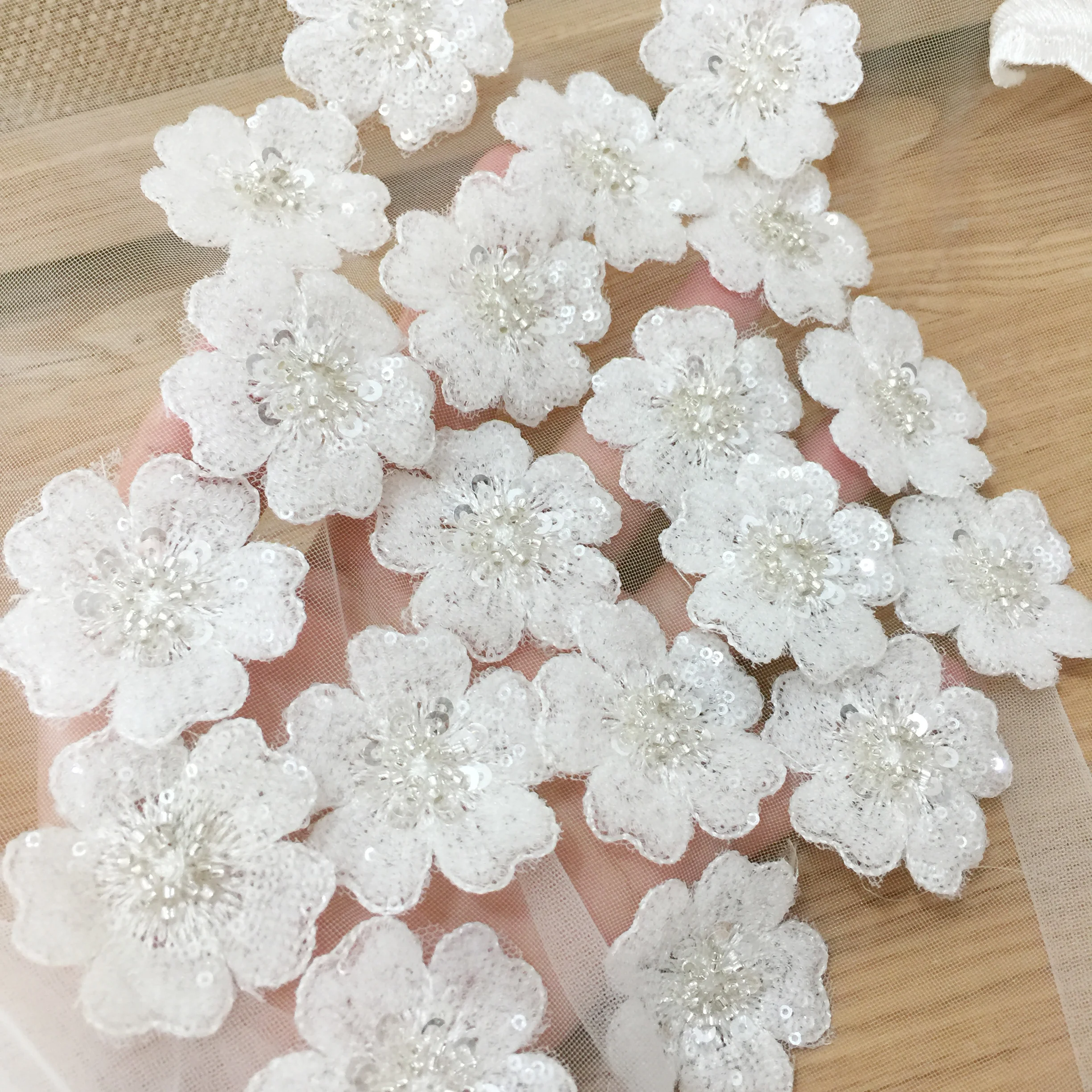 50 Pieces Off White 3D Sequin Beaded Lace Applique Flower Patch Motif Veil Bodice DIY Craft Supply 5cm Diameter