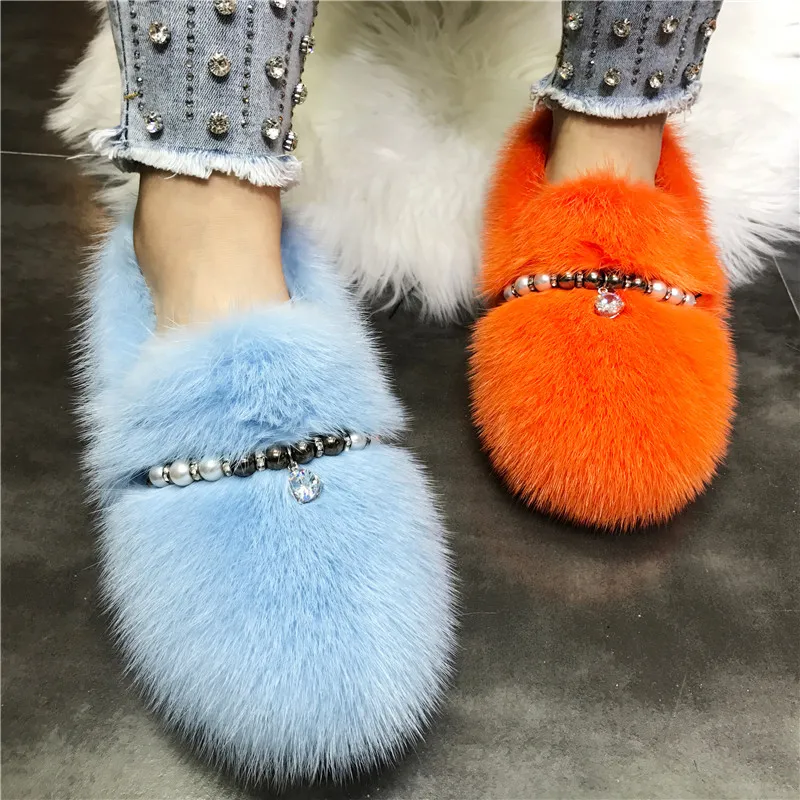 

2024 New Winter Warm Fur Shoes Women Flats Beading Moccasins Outside Loafers Espadrilles Ladies Mink Fur Flat Shoes