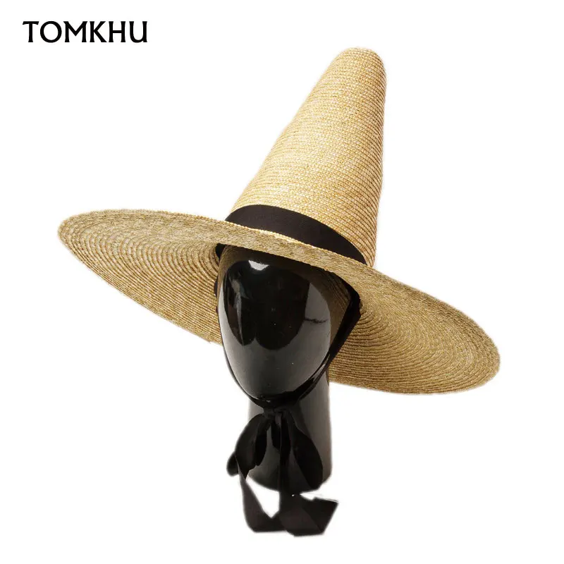 European American Custom Straw Hat Retro Pointed Top Wide Brim Stage Catwalk Designer Hat Magician Hats For Women Black Cape Cap