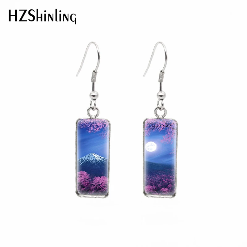 2021 New Sakura Mountain Painting Rectangular Earring Flower Art Fish Hook Earrings Glass Cabochon Handmade Jewelry