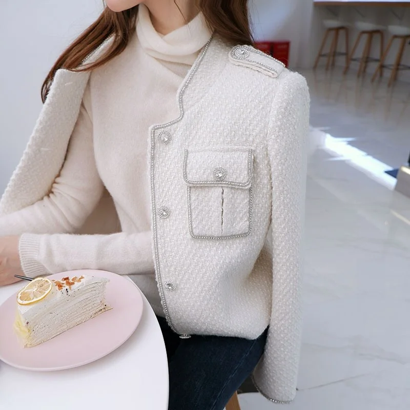 

Office Brand Ladies White Tweed Jacket Diamonds Buttons Stand Collar Eleagnt Womens Coat Single Breasted Slim Fit Short Jackets