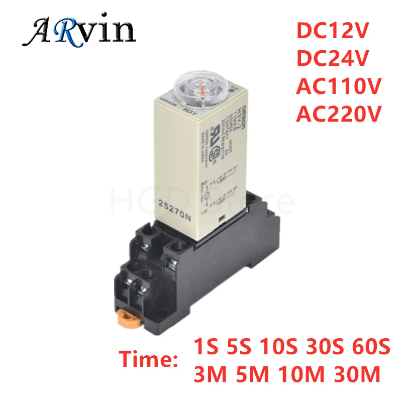 1Zestaw H3Y-2 DC 12V 24V /AC 110V 220V Przekaźnik czasowy opóźnienia 0-1s 5s 10s 30s 60s 0-30minuta z podstawą 5A