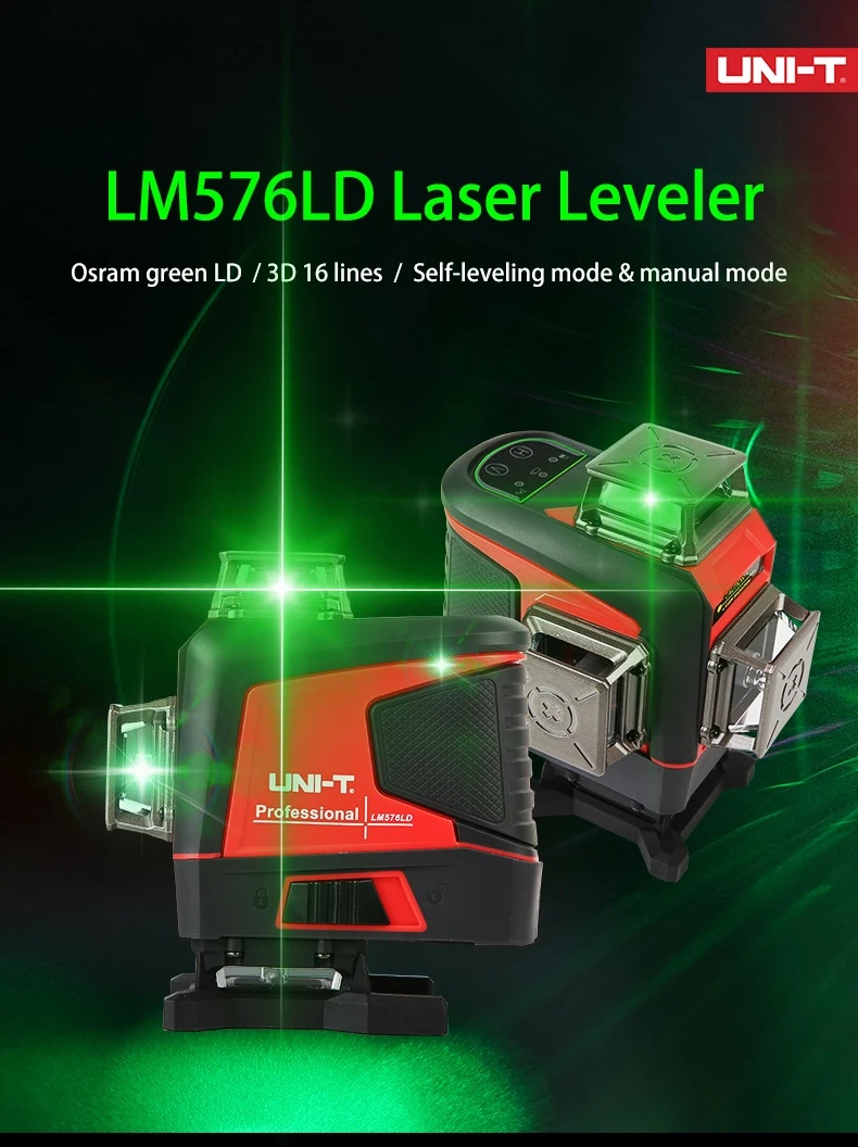 UNI-T LM576LD Green Laser Level 16 Lines 3D Horizontal Vertical Laser Level Auto Self-Leveling Remote Control Indoor Outdoor