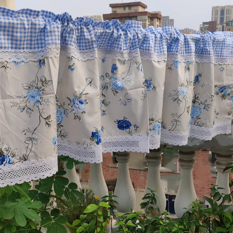 New blue printed cotton closet curtain.  Lace lace short curtain.  Decorate half curtain, pastoral style coffee curtain