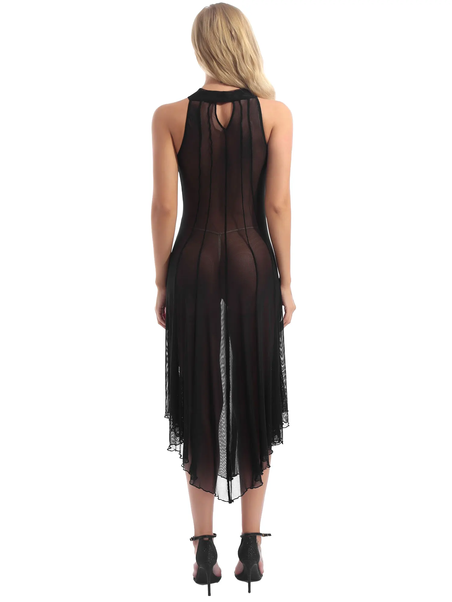 Iiniim Vrouwen Gothic Sexy Jurken Transparant Doorzichtig Mesh Jurk Mouw Hals Mouwloze Jurken Halloween Punk Rave Clubkleding