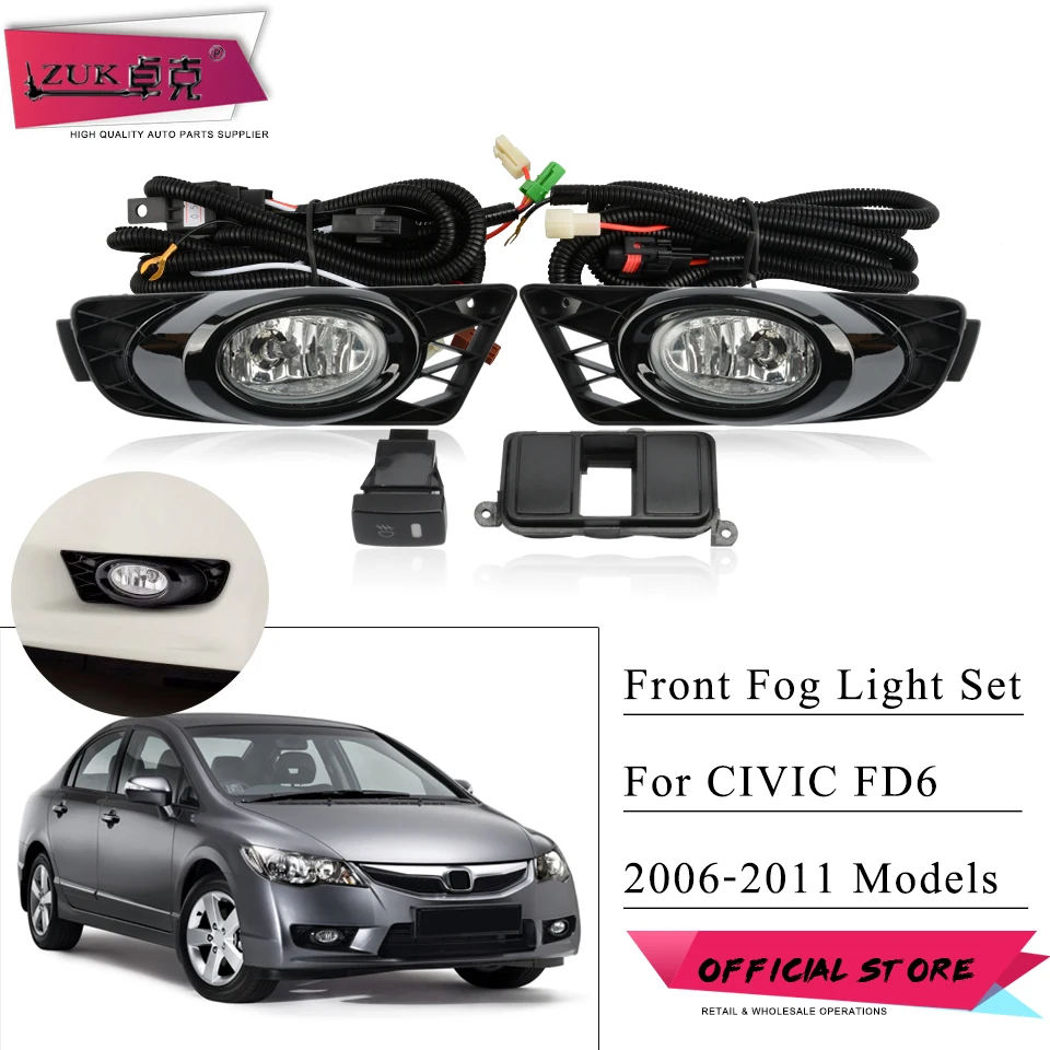 ZUK Front Bumper Fog Lamp Fog Light Upgrade Set For Honda CIVIC FD 2009-2011 Additional Foglight Kit With Switch Wire Harness