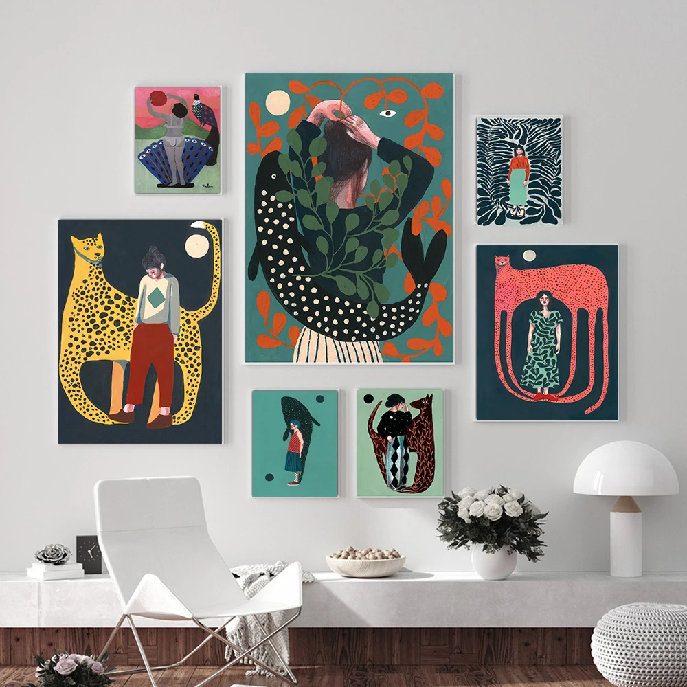 Nordic Posters Print Illustration Woman Fish Plants and Animal Jagua Wall Art Canvas Painting Picture For Living Room Home Decor