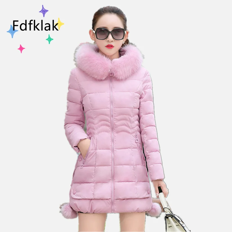 Fdfklak-abrigo grueso ajustado de talla grande para mujer, chaqueta de invierno de longitud media con cuello de piel coreana, Sudadera con capucha