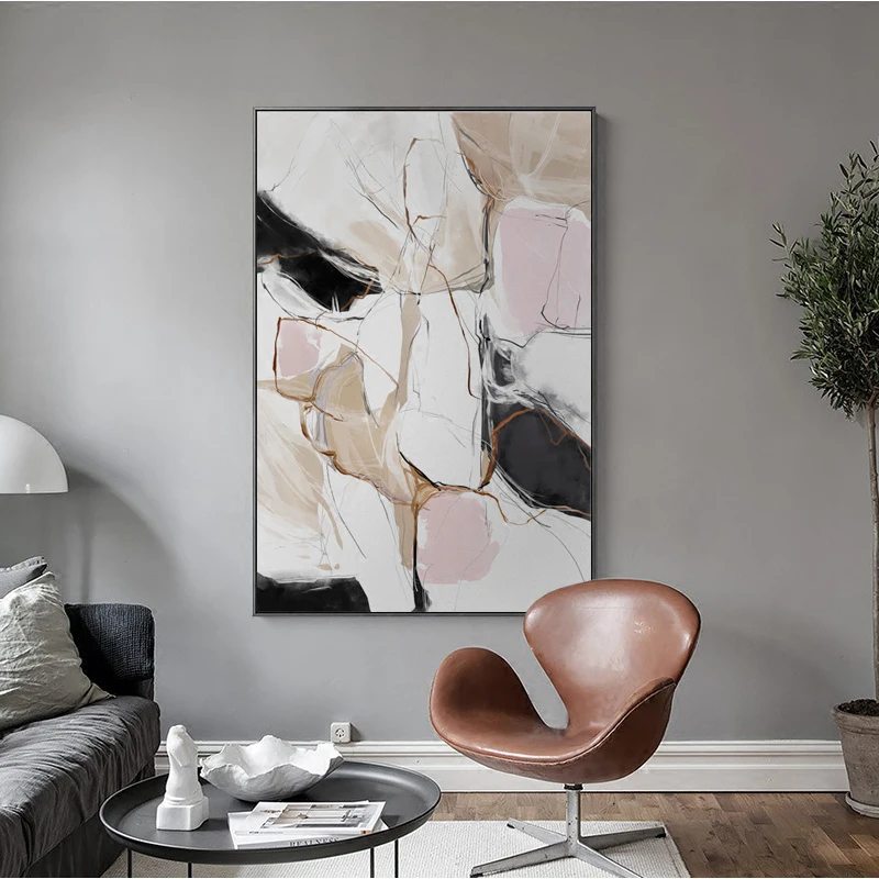 Abstract Pink Black White Gold Line Rendering Canvas Paintings Nordic Art Wall Poster for Entrance Home Decoration