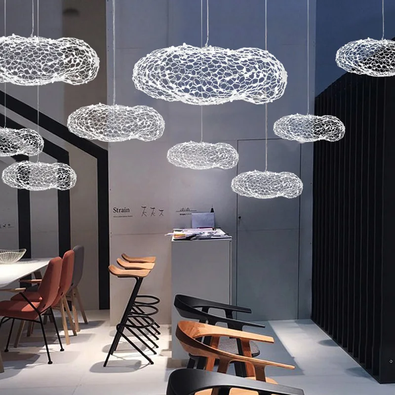 Modern Nordic LED Starry Decoration Wire Net Mesh Cloud Shape Metal Weaving Iron Hanging Light Droplight For Hotel Shopping Mall