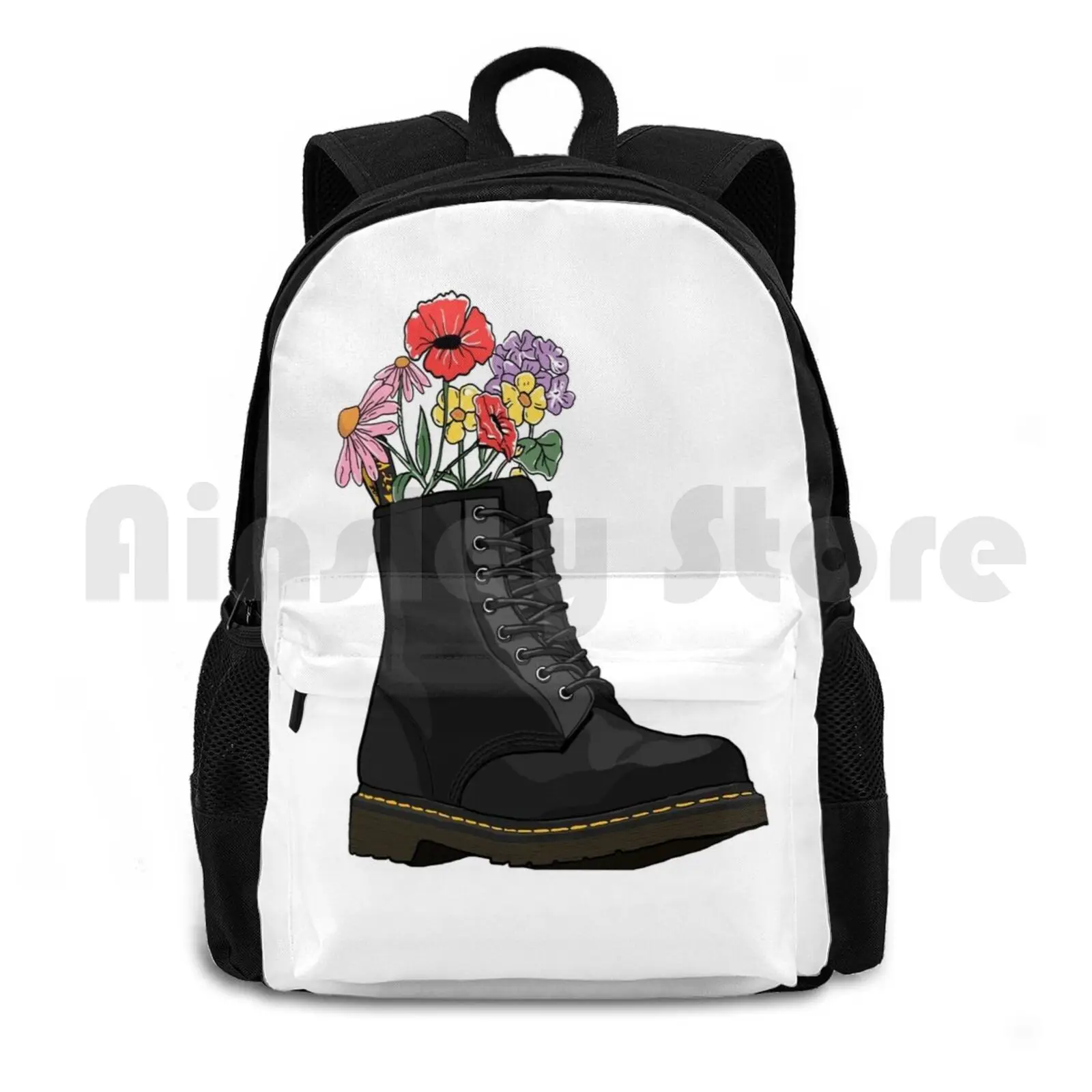 Flowers Growing From Doc Marten Boot Outdoor Hiking Backpack Waterproof Camping Travel Patriarchy Flowers Bouquet Docs Doc Punk