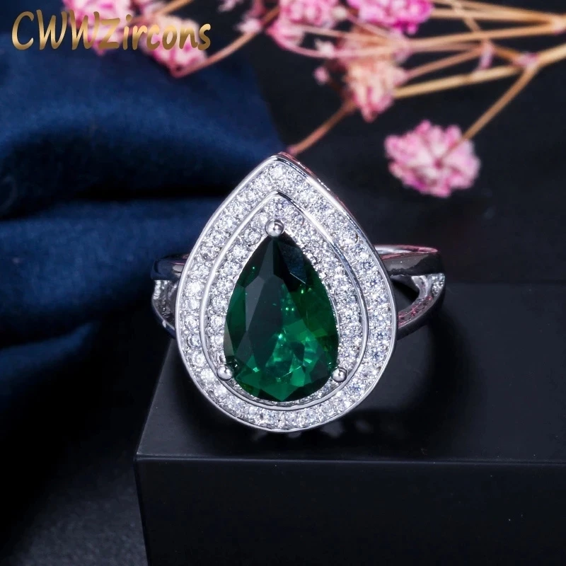 CWWZircons Classic Women Engagement Party Jewelry High Quality Big Tear Drop Green Crystal Rings with Zirconia Stones R026