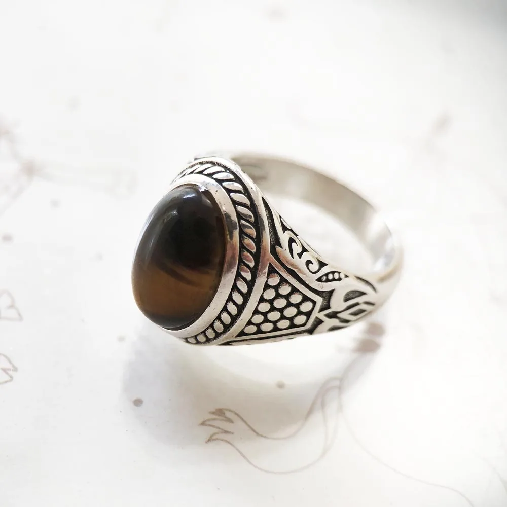 Ring Brown Oval Europe Style Fine Jewelry For Women Men Summer Brand New Vintage 925 Sterling Silver Powerful Gift