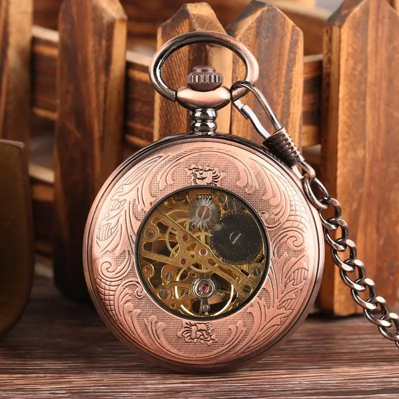 Rose Gold Gear Wheel Design Hand Winding Mechanical Pocket Watch for Unisex Retro Clock Fob Pendant Chain Collectable Timepiece