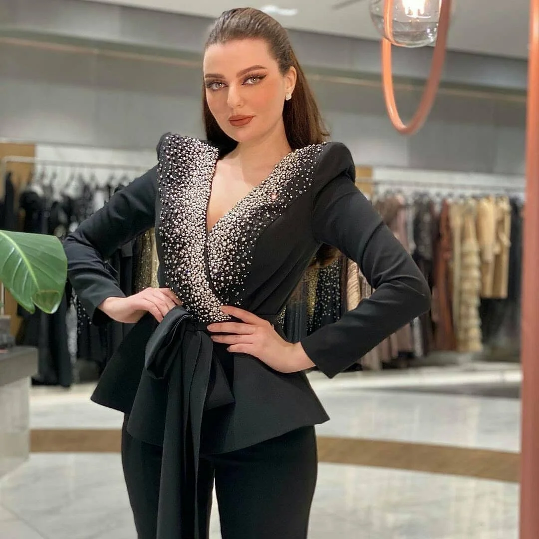 Vintage Elegant Black Women Suits Beaded Deep V Neck With Belt Jacket Custom Made Slim Fit Flare Pants Party Gown 2 Pieces Sets