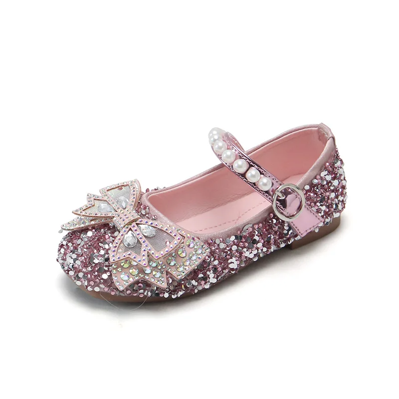 Spring Kids Leather Shoes Fashion Rhinestone Bowtie Girls Princess Shoes 2021 Bling Flat Baby Girl Shoes SMG155