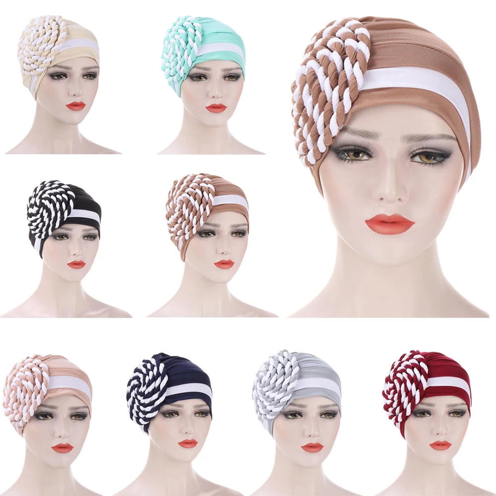 2024 Trendy Braids Turban Bonnet Arab Wrap Head Scarf Ready to Wear Hijab Hat Muslim Headdress Woman Inner Hijab Turbante Mujer