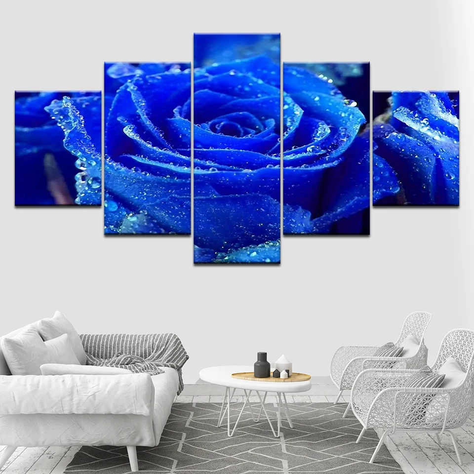 

Painting HD Print Canvas 5 Panel Noble Dark Blue Rose Framework Wall Artwork Poster Home Decor Living Room Modular Pictures