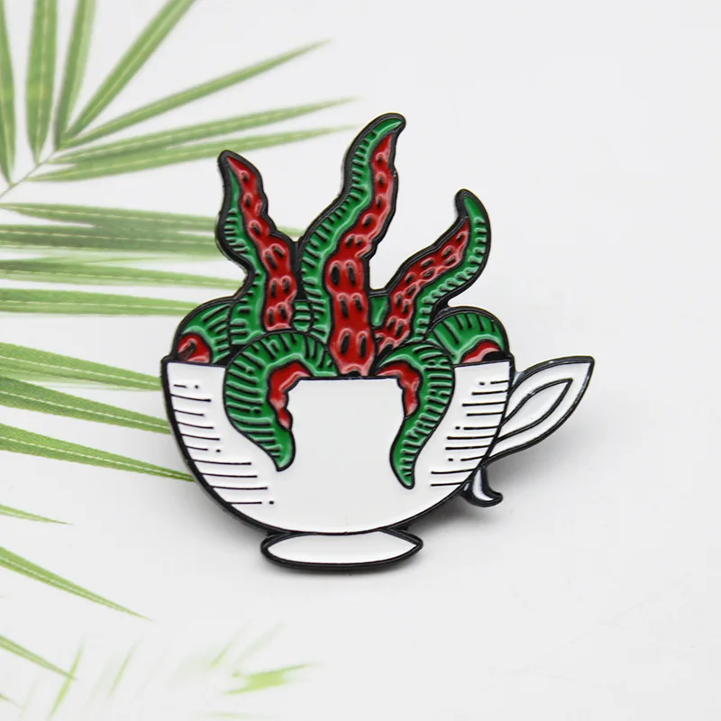 Creative Coffee Cup Succulents Sea Monster Octopus Hard Enamel Badge Brooch Hat Backpack Lapel Pin Party Gift Jewelry Brooch