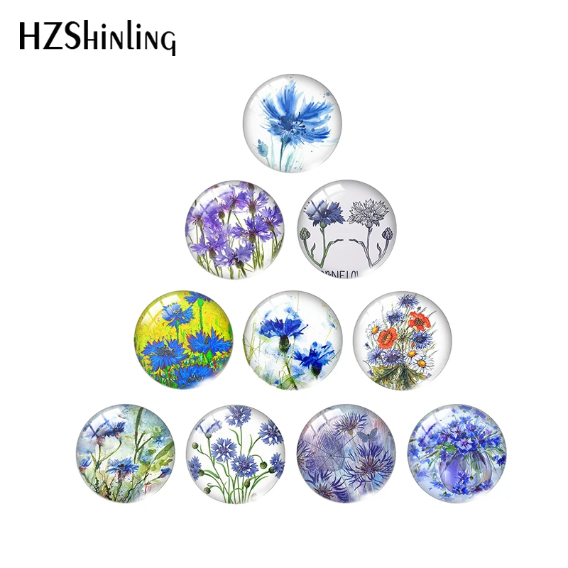 2020 New Blue Flowers Wild Cornflowers Glass Cabochon Cornflower Picture Round Square Heart Tear Drop Oval Cabochons Jewelry