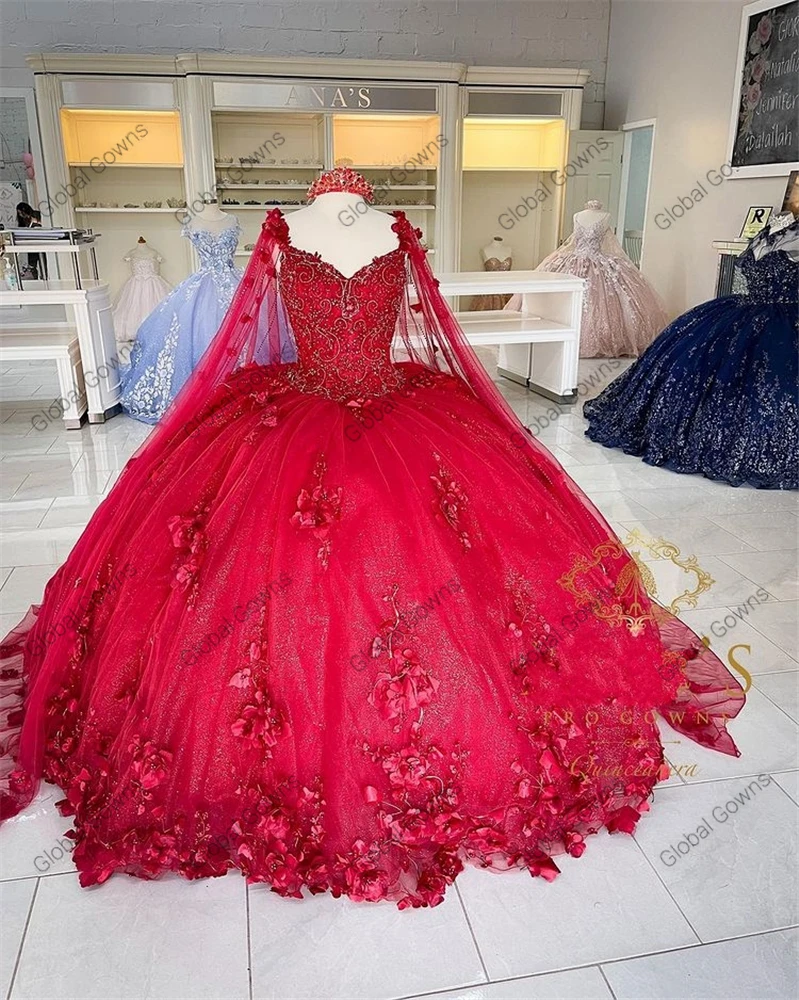 Red Sweetheart Princess Ball Gown in rilievo fiori 3D abiti Quinceanera con Cape Sweet 15 16 abito da festa di compleanno Robe De Bal