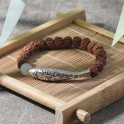 Rudraksha Beads Long Tube Hollow Fish Elastic Bracelet Men and Women Good Luck  Friendship Bangle Fashion Charm Jewelry