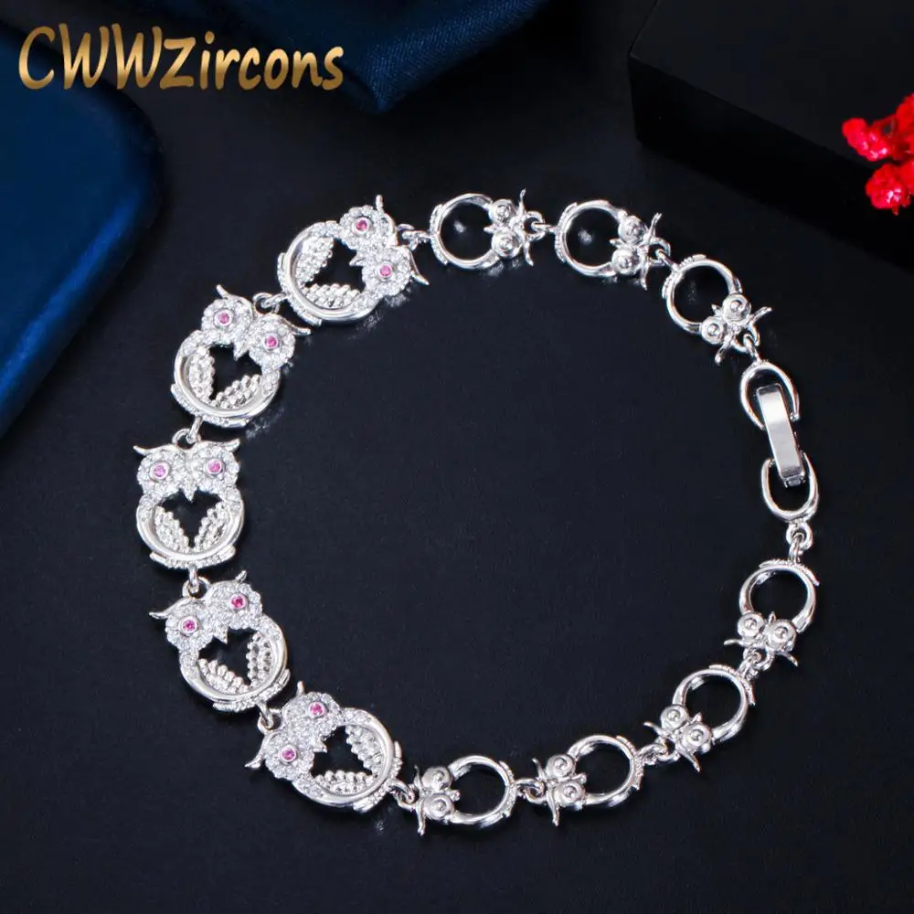 CWWZircons Shiny White Red CZ Cubic Zirconia Cute Owl Animal Charms Bracelet Bangle for Ladies Friends Jewelry Gift CB232