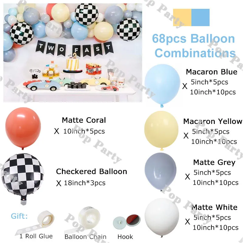 Racing Car Balloons Garland Kit Birthday Kids Boys Party Blue Yellow Balloon Arch Baby Shower Checkered Supplies White Globos