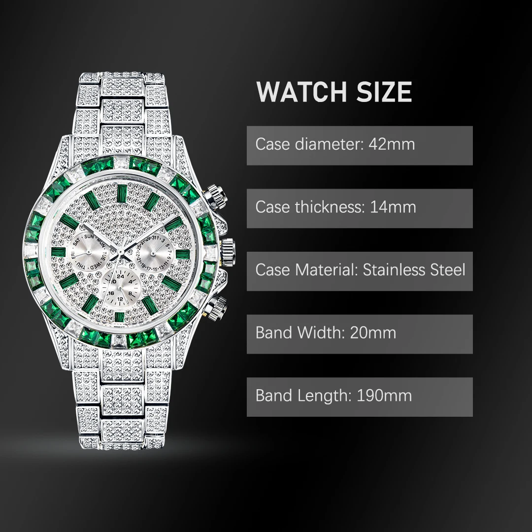 Ice Out Green Diamond Watch For Men Brand Luxury Sport Style Chronograph Men\'s Quartz Watches Durable Clock Good For Value