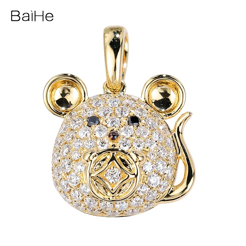 BAIHE Solid 14K Yellow Gold 0.40ct H/SI Natural Diamond Mouse Pendant Women Men Wedding Engagement Gift Trendy Fine Jewelry