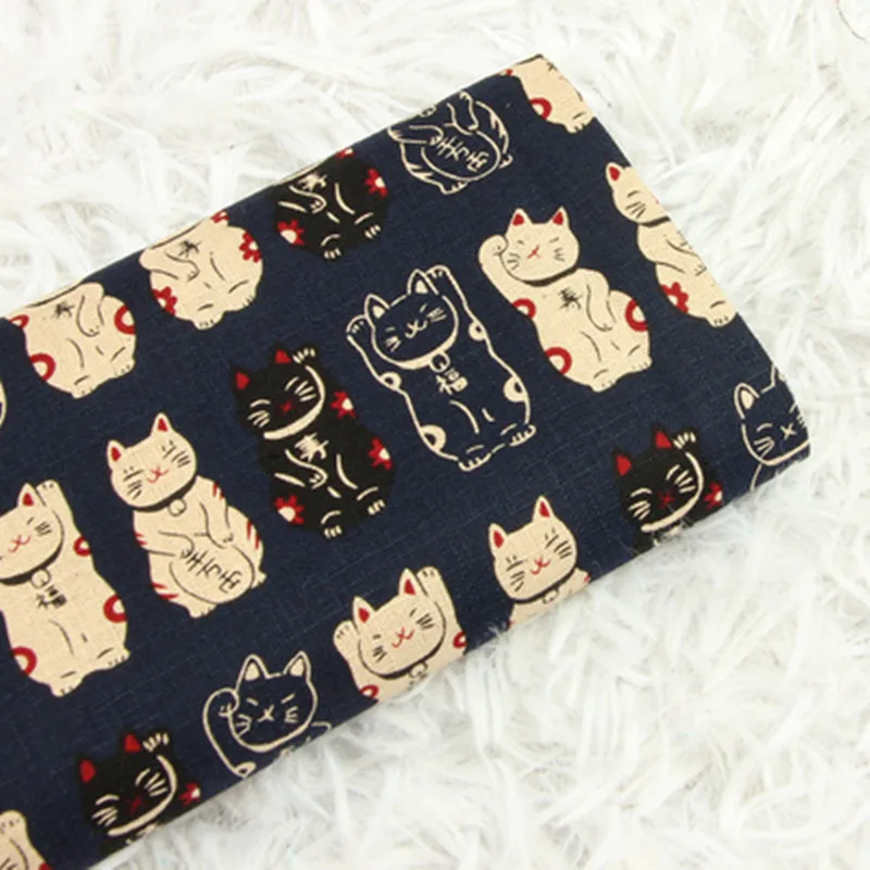 Half Yard Slub Cotton Fabric Japanese Soft Breeze Fortune Cat Print, Handmade DIY Bag Garment Sewing Material CR-630