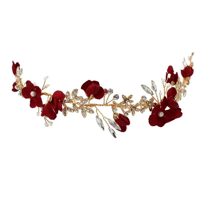 O366 vermelho pano flores nupcial hairband jóias metal árabe headpiece frisado strass bandana