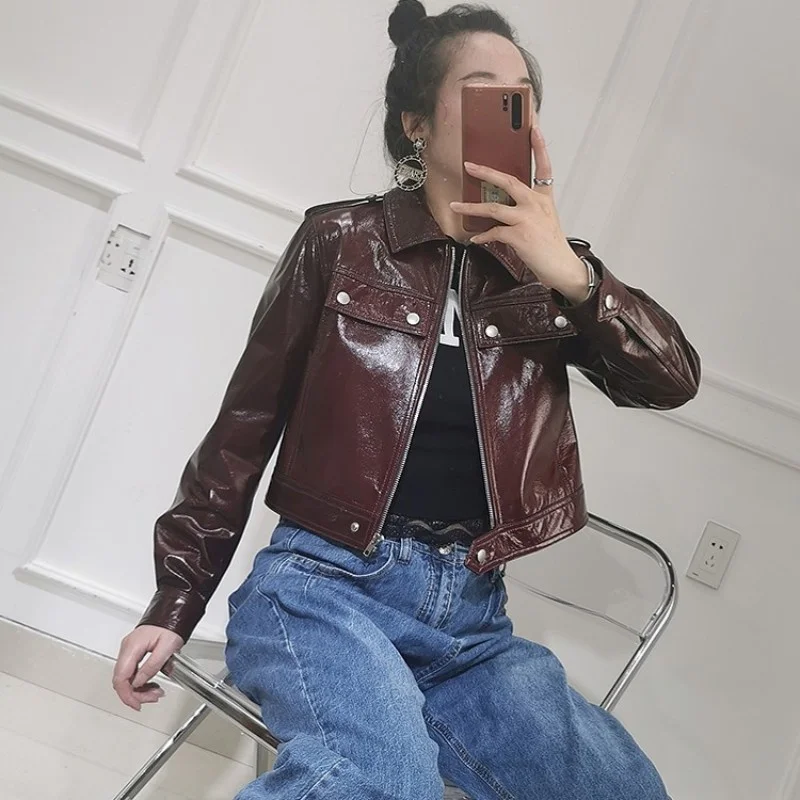 New 2022 Women Sexy Short Biker Genuine Leather Jacket High Waist Bright Night Club Punk Coat Slim Motorcycle Sheepskin Jackets