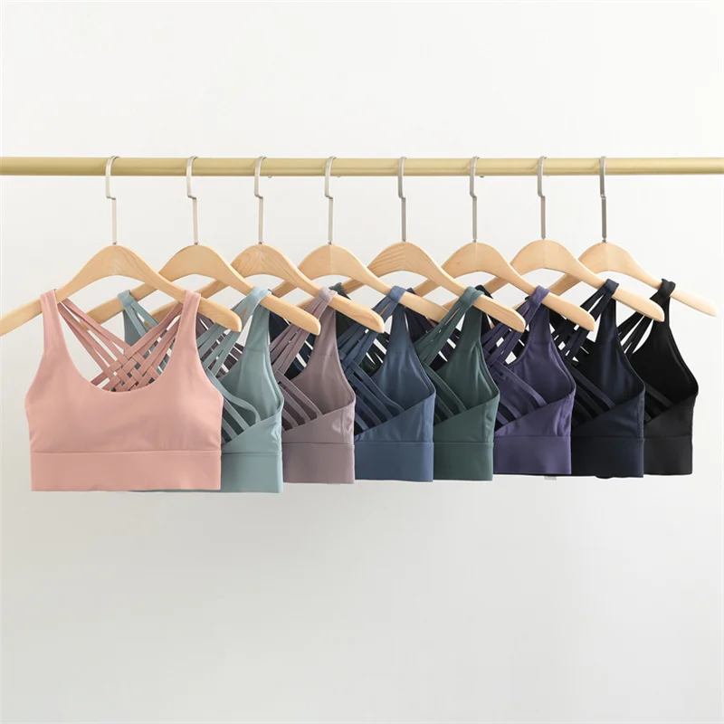 Nylon w kratkę z powrotem wyściełane Strappy biustonosze sportowe w kształcie litery U szyi biustonosz Push-Up dla kobiet biustonosz do jogi trening