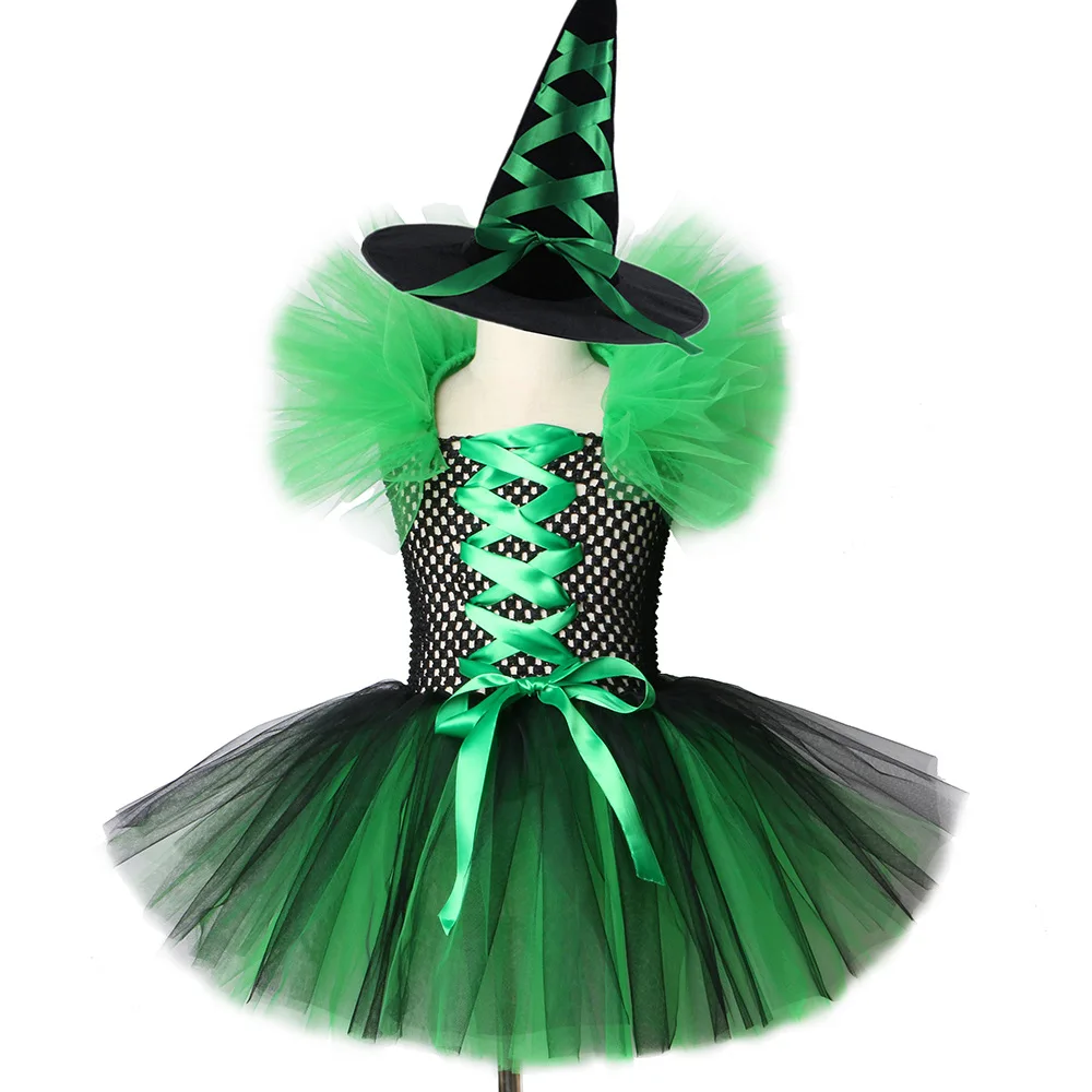 

Girls Witch Tutu Dress Black And Green Children Girl Halloween Carnival Cosplay Witch Costume Party Dresses For Girls 2-12y