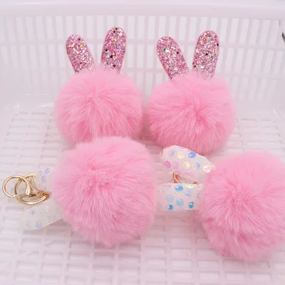 Beman 2021 export winter sequined rabbit ears plush ball keychain pendant factory bulk wholesale