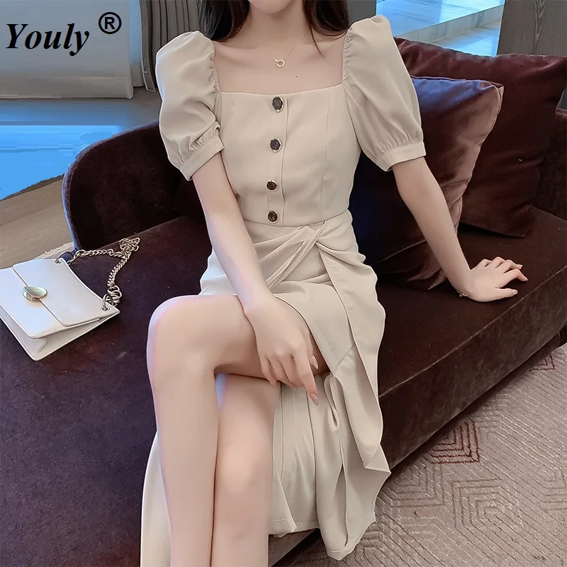 

2021 French Style Vintage Button Square Neck Bubble Sleeve Bow Split Short Sleeve Party Dress Sexy Elegant Bodycon Midi Dress