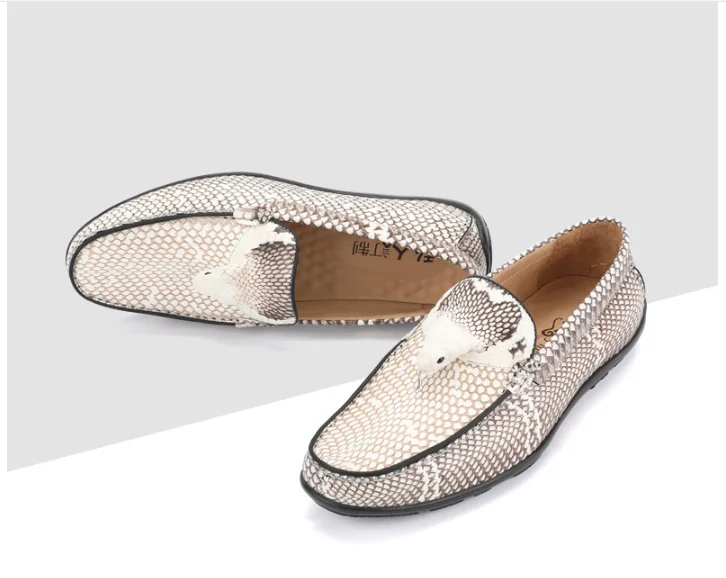 Real Genuine python skin leather with snake head men fashion shoe sneaker flat leisure shoe with cow lining beige colors