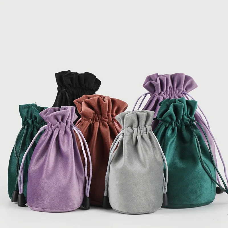 20pcs/lot 9x14.5cm Black/Purple/Brown/Grey/Green High Quality Round Bottom Soft Drawstring Bag Silk Velvet Jewelry Gift Pouch