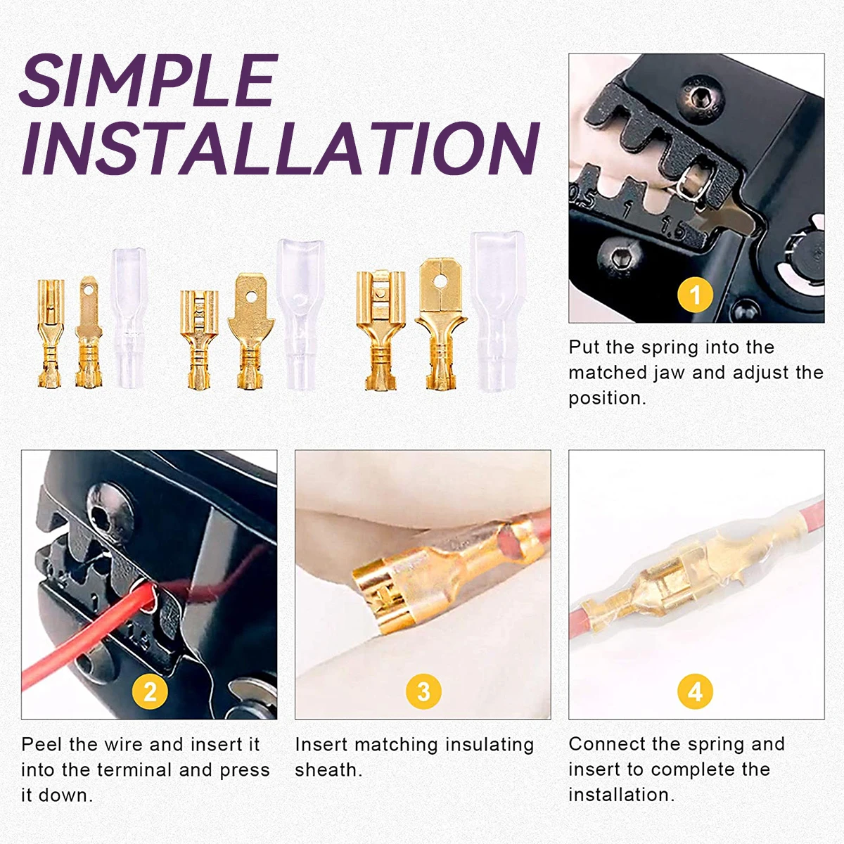 900Pcs Gold 2.8/4.8/6.3mm Male and Female Spade Quick Connectors Wire Crimp Terminal Block with Insulating Sleeve for Electrical