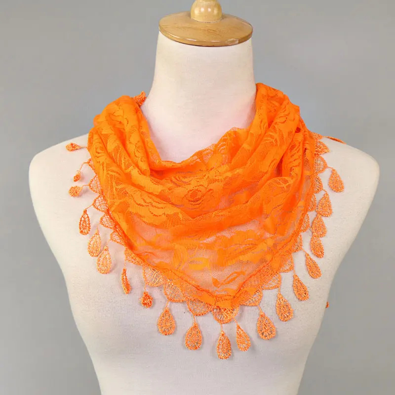 Women Lace Scarf Pure Color Lace Tassel Headscarf Triangle Scarf Hollow Out Tassel Shawls Scarves Thin See Through Scarf Red
