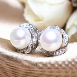 Huitan Elegant Imitation Pearl Stud Earrings for Women Wedding Engagement Jewelry Shiny CZ Flower Shape Timeless Female Earrings