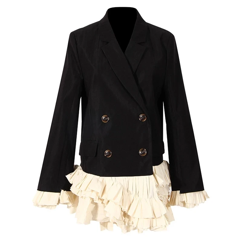 Women Notched Collar Long-sleeved Blazer Coat Female Double Breasted Loose Sweet Patchwork Ruffles Suit Tops