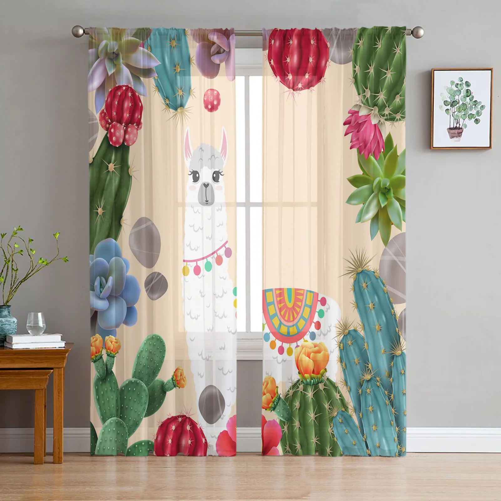 

Cactus Alpaca Sheer Curtains for Living Room Bedroom Kitchen Chiffon Tulle Curtains Home Hotel Coffee Decor