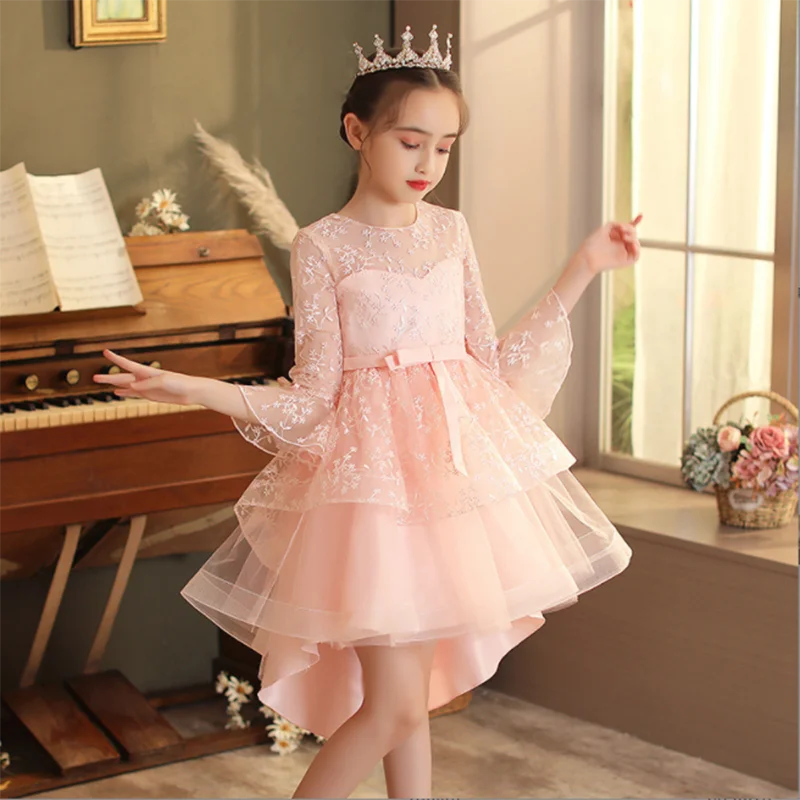 Autumn New Style Long-Sleeved Children\'s Princess Dress Wedding Flower Girl Piano Performance Trailing Wedding Dress Girl Dress